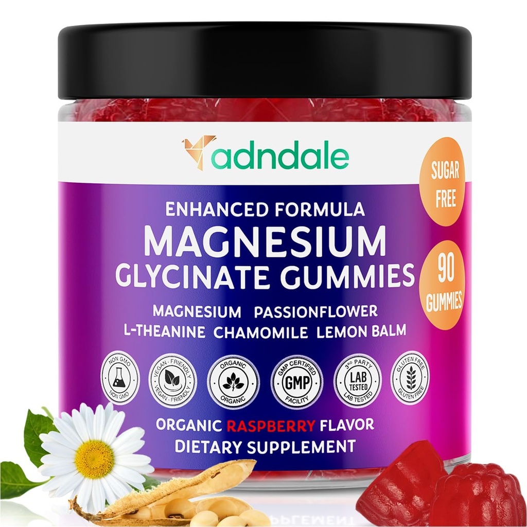 Adndale 90CT Glycinate de magnésium. Mâches sans sucre pour adultes et enfants. Arôme framboise