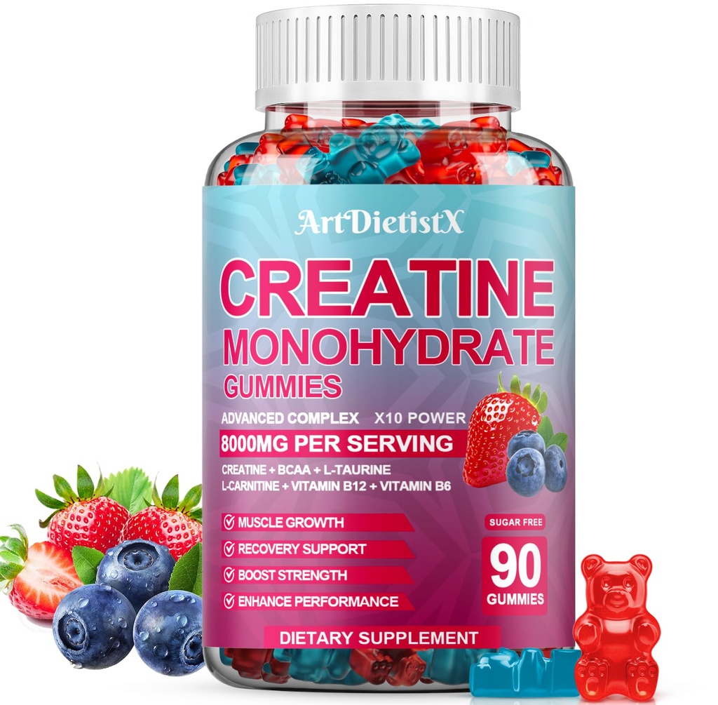 Monohydrate de créatine 8000mg Gommies avec BCAA, L-Carnitine, Taurine et vitamine B12 - Supplément de préentraînement pour la croissance musculaire, la force et l'énergie, Gommies à croquer multi-arômes, 90 Compte pour les hommes et les femmes