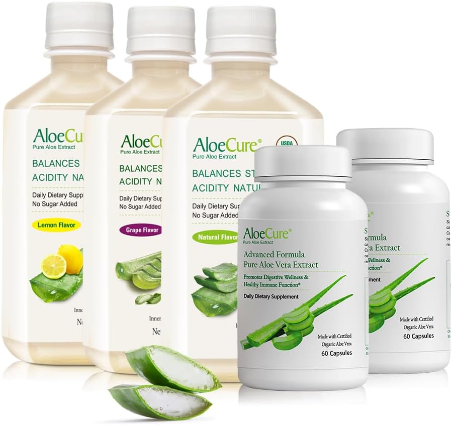 AloeCure Organic Aloe Vera Digestion Set - 5 Pack - Vin de raisin, naturel, jus de citron, 2pcsxAloe Vera Capsules 60caps