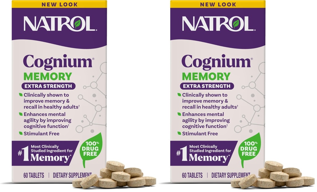 Natrol Mémoire Cognium Extra Force, Suppléments de santé cérébrale pour les adultes, Suppléments de mémoire cérébrale, améliore l'agilité mentale chez les adultes en santé, 60 comprimés, jusqu'à 30 jours d'approvisionnement, (paquet de 2)