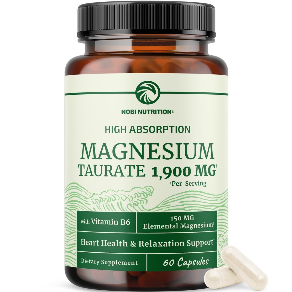 Magnesium Taurate 1900MG | Heart Health and Relaxation Support | 150MG Elemental Magnesium Per Serving | High Absorption Mag Taurate with Vitamin B6 + Black Pepper | Non-GMO | 60 Ct (1 Month Supply)