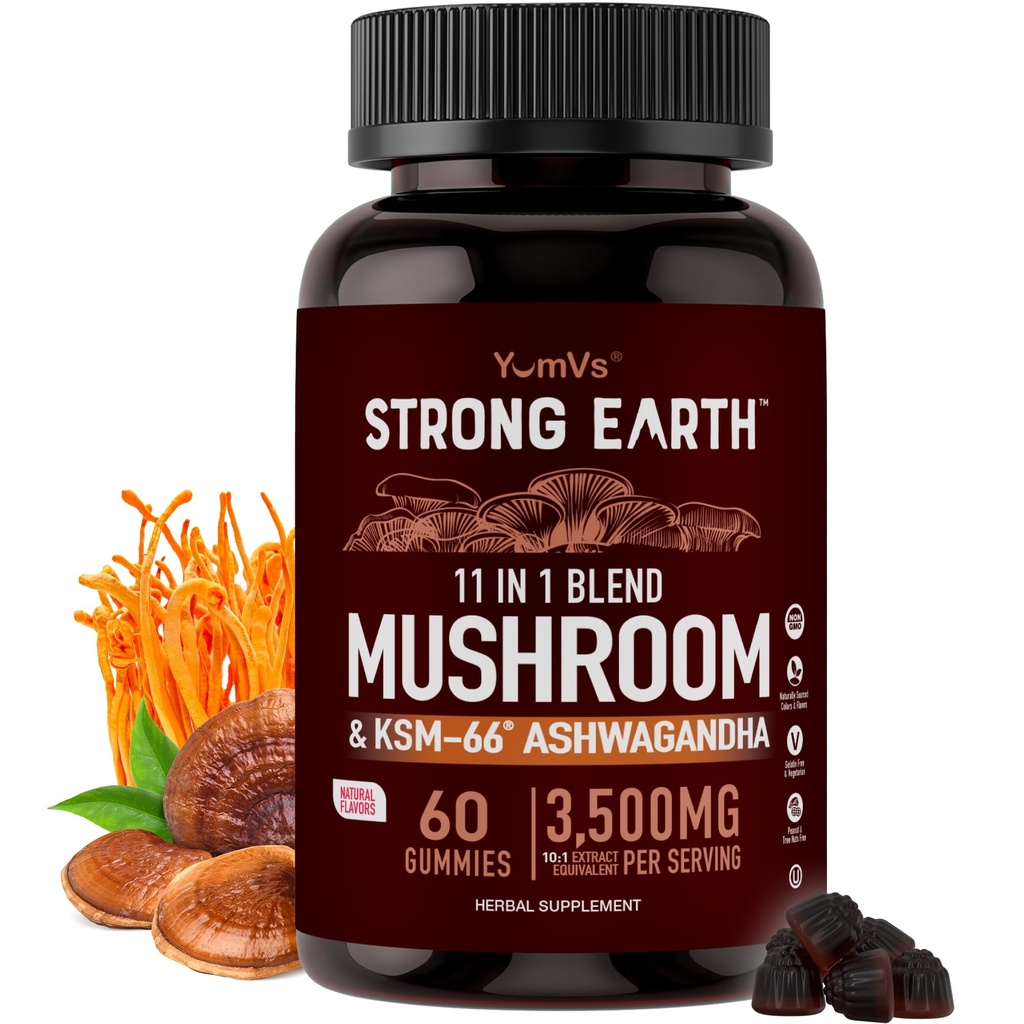 Mushroom Gummies with Ashwagandha - 350mg 10-in-1 Mushroom Blend - Lions Mane, Cordyceps, Reishi, Chaga, Turkey Tail, Maitake, Shiitake - Gelatin Free, Vegetarian - 60 Count (2 Per Serving)