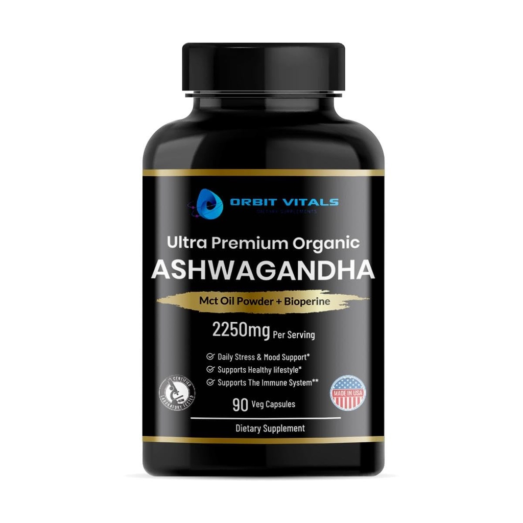 Capsules bio Ashwagandha 2250 mg, supplément Ashwagandha avec la poudre d'huile MCT et extrait de poivre noir, extrait de racine Ashwagandha de haute puissance pour le soulagement du stress, l'énergie et le soutien de l'humeur, 90 capsules