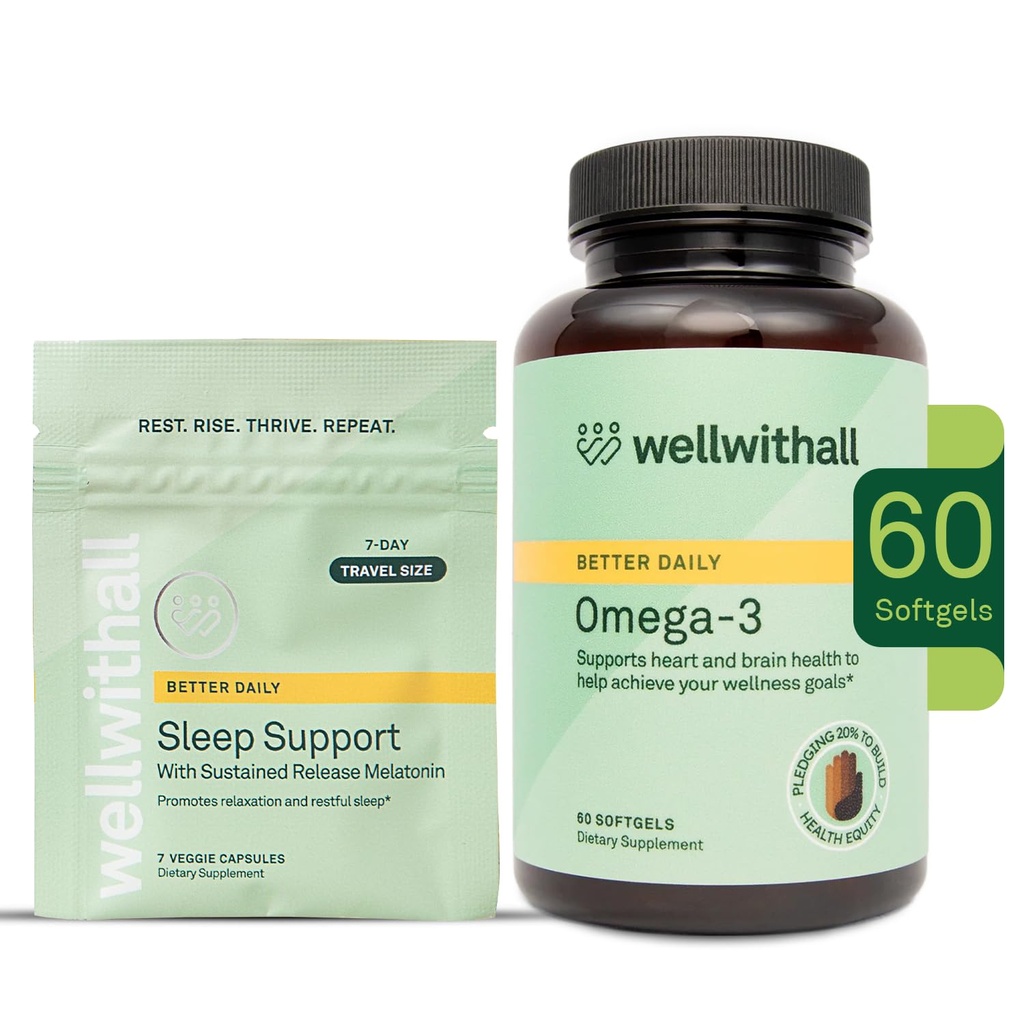 Omega-3 Fish Oil Supplement Supports Heart and Eye Health (60 Softgel Capsules) & Sleep Support with Sustained-Release Melatonin (7 Capsules Travel Pack)