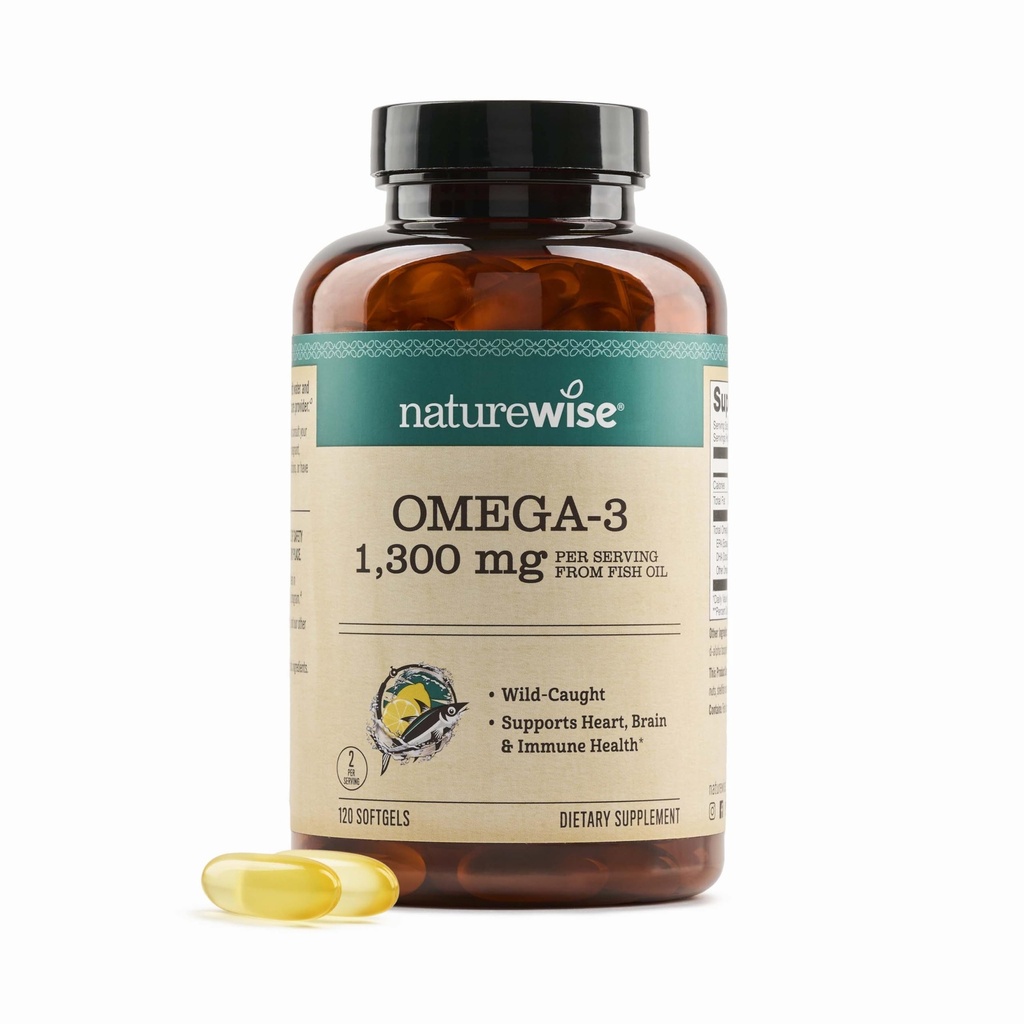 NatureWise Ultra Omega 3 Huile de poisson 2200 mg – 1300 mg Omega-3 - Forme de triglycéride - Saveur de citron - Huile de poisson sauvage + EPA & DHA - Sans Burpless, Non-OGM - 120 Softgels[2-Mois]