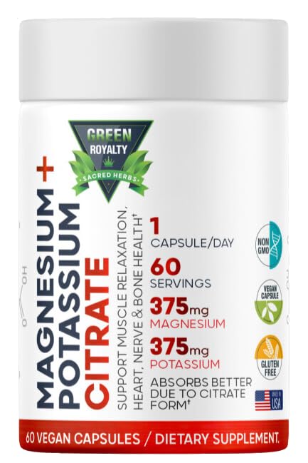 Citrate de magnésium + Potassium 60 Capsules Vegan Premium(Citrate 375 mg) + (375 mg Potassium) Non OGM, sans gluten - Supplément à haute absorption Fabriqué aux États-Unis