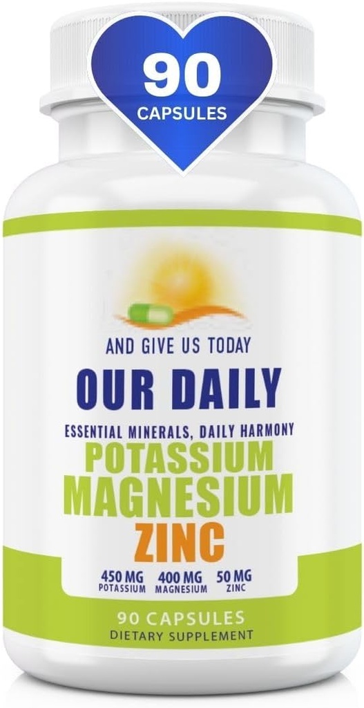 Suppléments de potassium de magnésium W Zinc - 90 Capsules 400MG Magnésium,450MG Potassium,50MG Zinc pour la santé vasculaire – Haute absorption Vegan pour les crampes des jambes et le sommeil