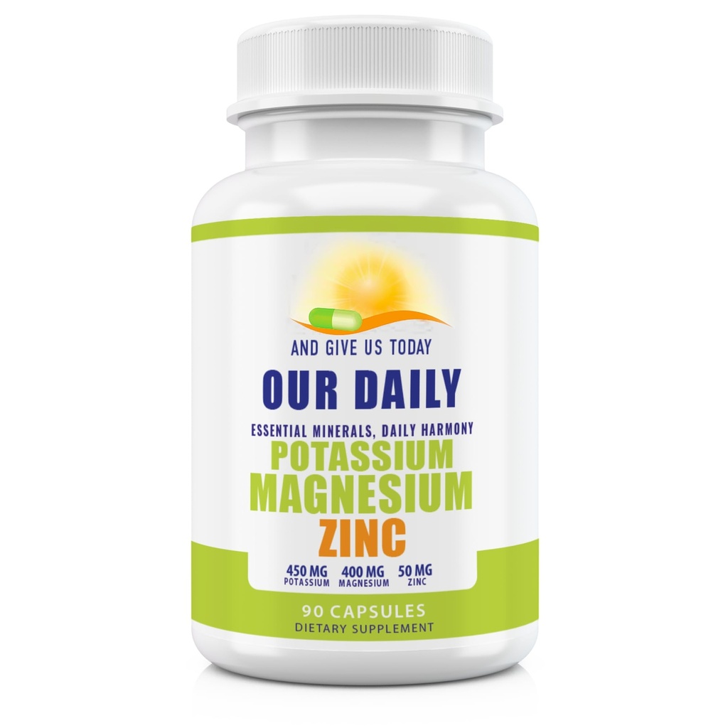 Suppléments de potassium de magnésium W Zinc - 90 Capsules 400MG Magnésium,450MG Potassium,50MG Zinc pour la santé vasculaire – Haute absorption Vegan pour les crampes des jambes et le sommeil