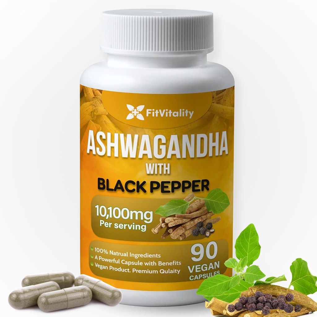 Capsules Ashwagandha, 90 Capsules Vegan, 10 100 Mg par gélule – poudre d'extrait de racine 100% naturel Ashwagandha et extrait de poivre noir, sans OGM, sans gluten