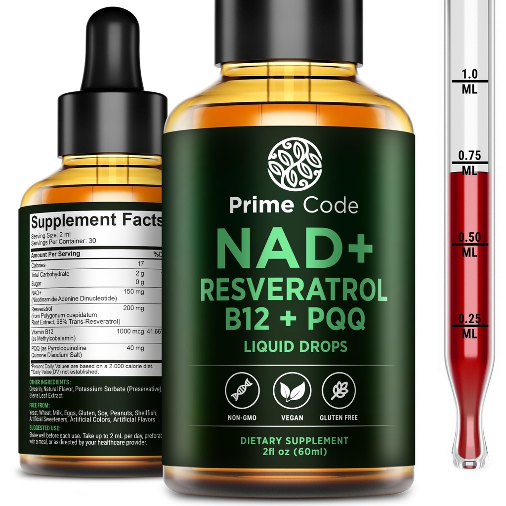 Prime Code NAD+ Liquid Drops with Resveratrol, Vitamin B12 & PQQ – Advanced Cellular Energy & Antioxidant Support – Vegan, Non-GMO, Gluten Free – Fast Absorption Supplement for Men & Women, 2 fl oz