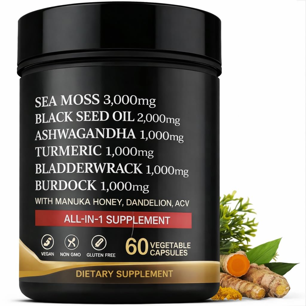 True Sea Moss Capsules Black Seed Oil Ashwagandha Burdock Root, Tumeric Supplement with Manuka Honey, Dandelion Root ACV - 60 Capsules - Multi Vitamin