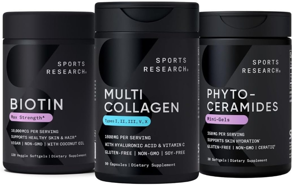 Recherche sportive Biotine végétalienne 10 000mcg à l'huile de coco, pilules multicollagènes (Type I, II, III, V, X) Peptides de collagène hydrolysés à l'acide hyaluronique + vitamine C et phytocéramides 350mg par softgel