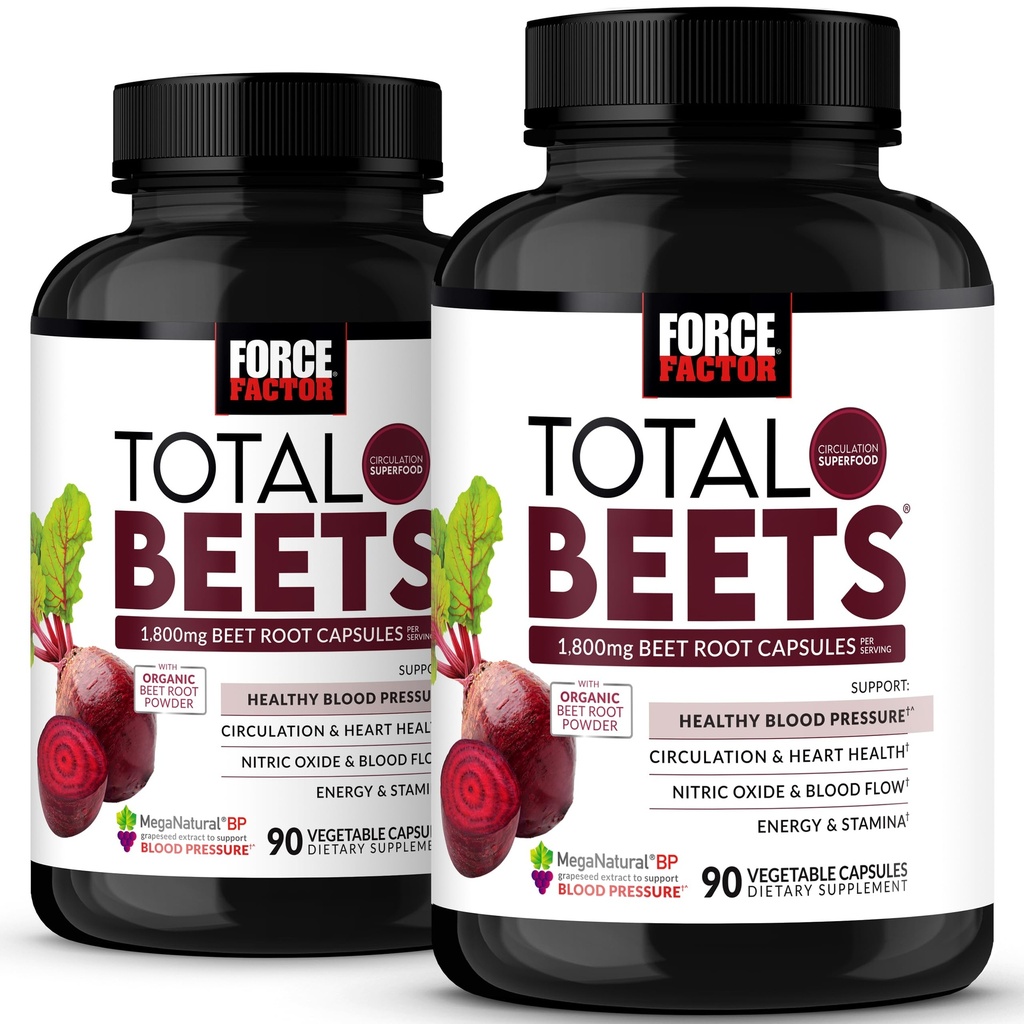 Force Factor Total Beets Blood Pressure Support Beet Root Capsules, 1800mg Organic Beet Root Powder Supplement with Hawthorn Berry to Support Circulation and Blood Flow, 180 Vegetable Capsules