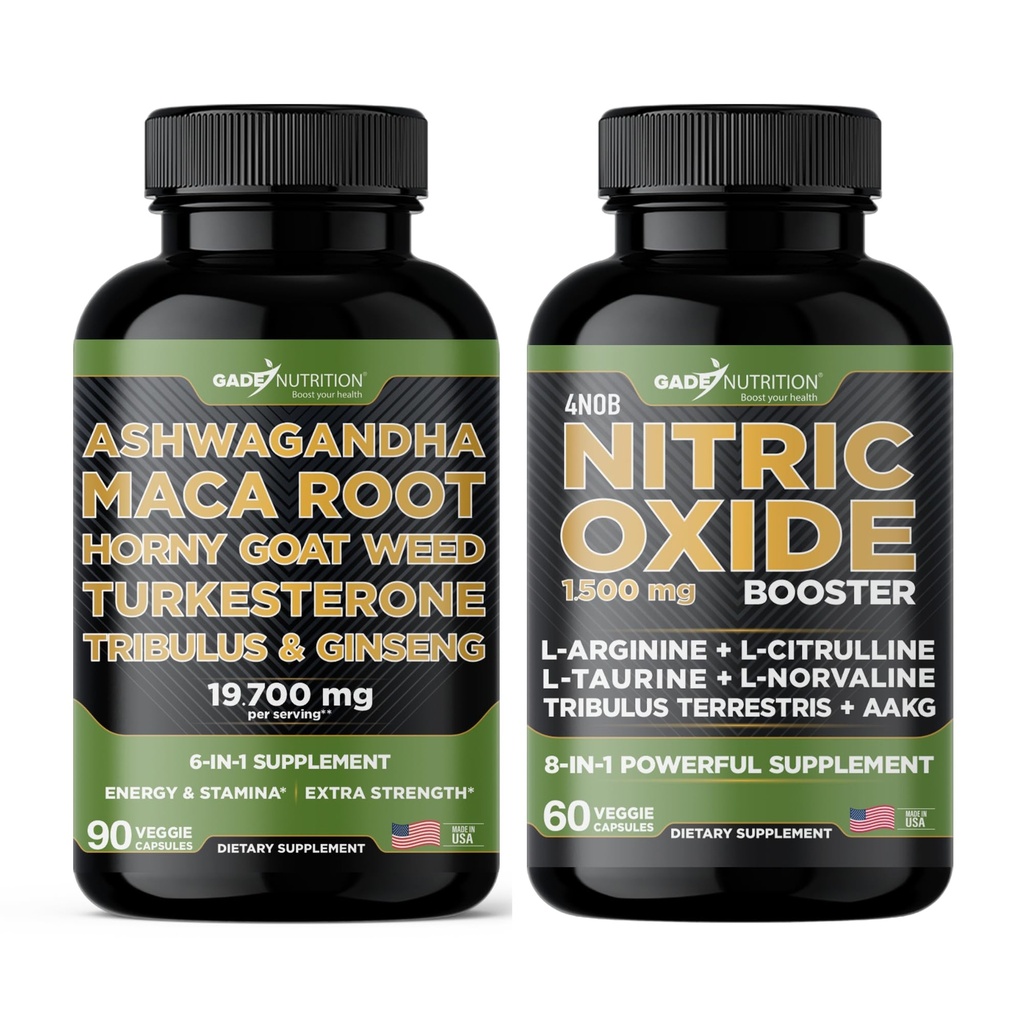 Gade Nutrition Ashwagandha avec racine de Maca, herbe de chèvre en chaleur, Turkestérone, Tribulus Terrestris, Panax Ginseng + Booster à oxyde nitrique - Ensemble pour l'énergie, la vitalité, la performance, la pompe