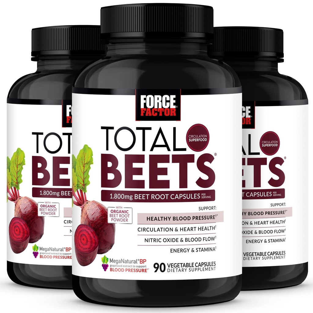 Force Factor Total Beets Blood Pressure Support Beet Root Capsules, 1800mg Organic Beet Root Powder Supplement with Hawthorn Berry to Support Circulation and Blood Flow, 270 Vegetable Capsules, 3-Pack