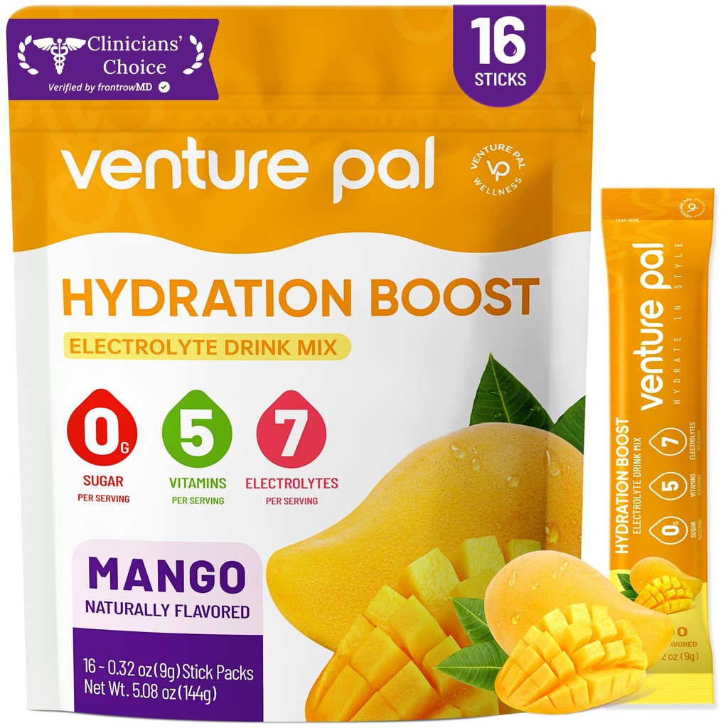 Venture Pal Sugar Free Electrolyte Powder Packets - Liquid Daily IV Hydration Packets | Electrolytes Drink Mix with 5 Vitamins & 7 Electrolytes | Keto Friendly | Non-GMO | Certified Vegan | 16 Sticks