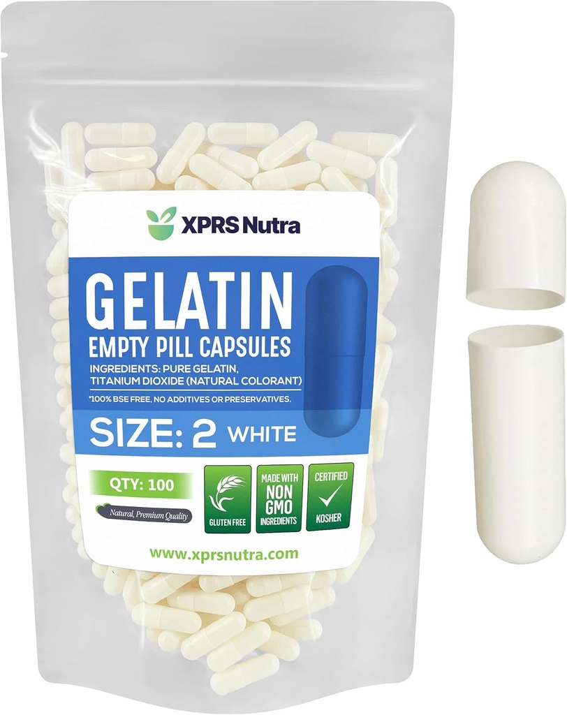 XPRS Nutra Taille 2 Capsules vides - 100 Compte Capsules de gélatine vides - Pills Bricolage Capsule Remplissage - Pure Pilule Gel Caps pour Do-It-Youlf Suppléments (Blanc)