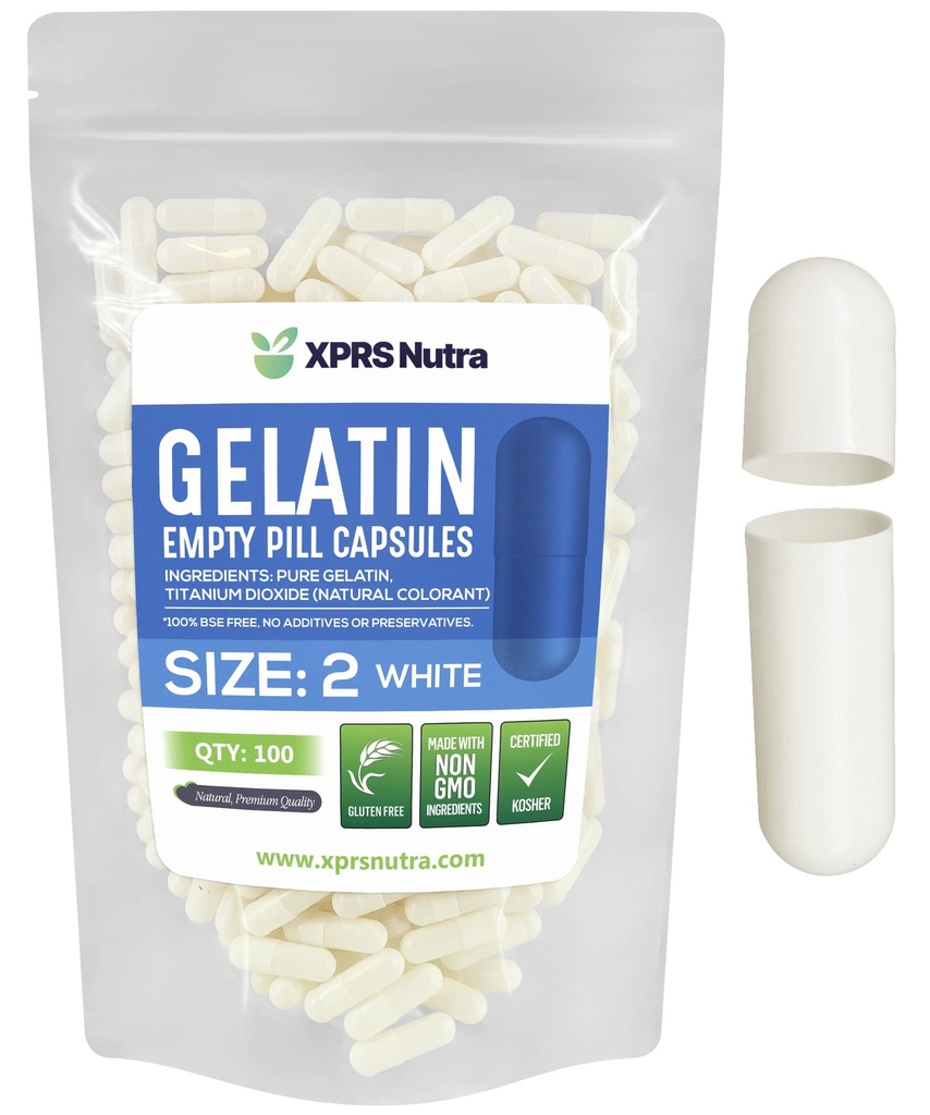 XPRS Nutra Taille 2 Capsules vides - 100 Compte Capsules de gélatine vides - Pills Bricolage Capsule Remplissage - Pure Pilule Gel Caps pour Do-It-Youlf Suppléments (Blanc)