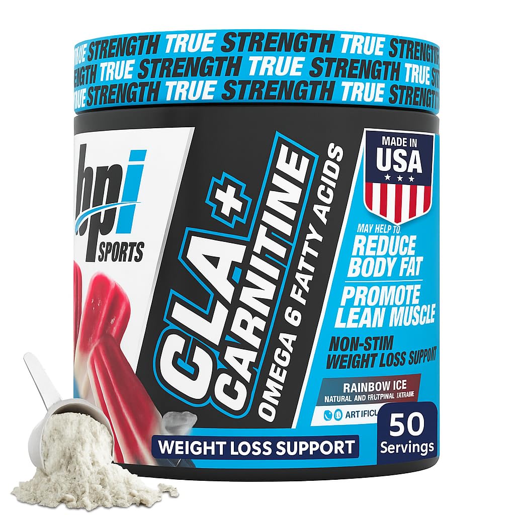 BPI Sports CLA + poudre de carnitine – brûleur de graisse non stimulant pour la perte de poids, le métabolisme et le muscle maigre – sans caféine – glace arc-en-ciel – 50 portions – 12,34 oz
