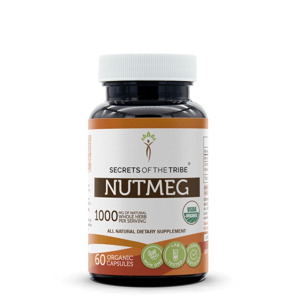 Secrets de la Tribe Nutmeg USDA Organic 60 Capsules.Fabriqués avec des capsules végétariennes et certifié biologique Nutmeg (Rou Dou Kou, Myristica Fragrans) Noix séchée (60 Capsules)