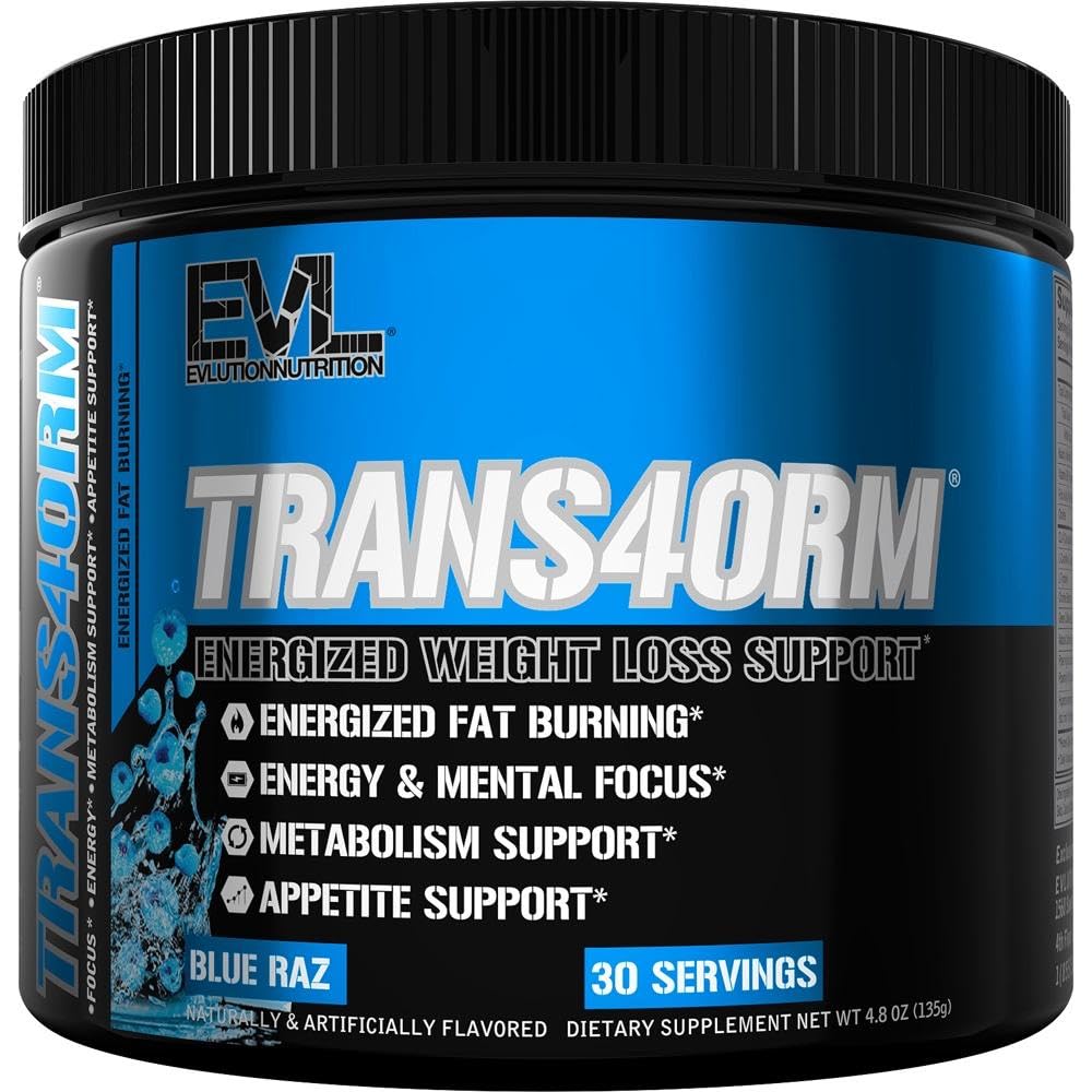 Evlution Thermogenic Fat Burning Support Powder Nutrition Trans4orm Fast Acting Energy Powder to Support Fast Metabolism Weight Loss and Mental Focus with CLA Carnitine and Alpha GPC - Blue Raz
