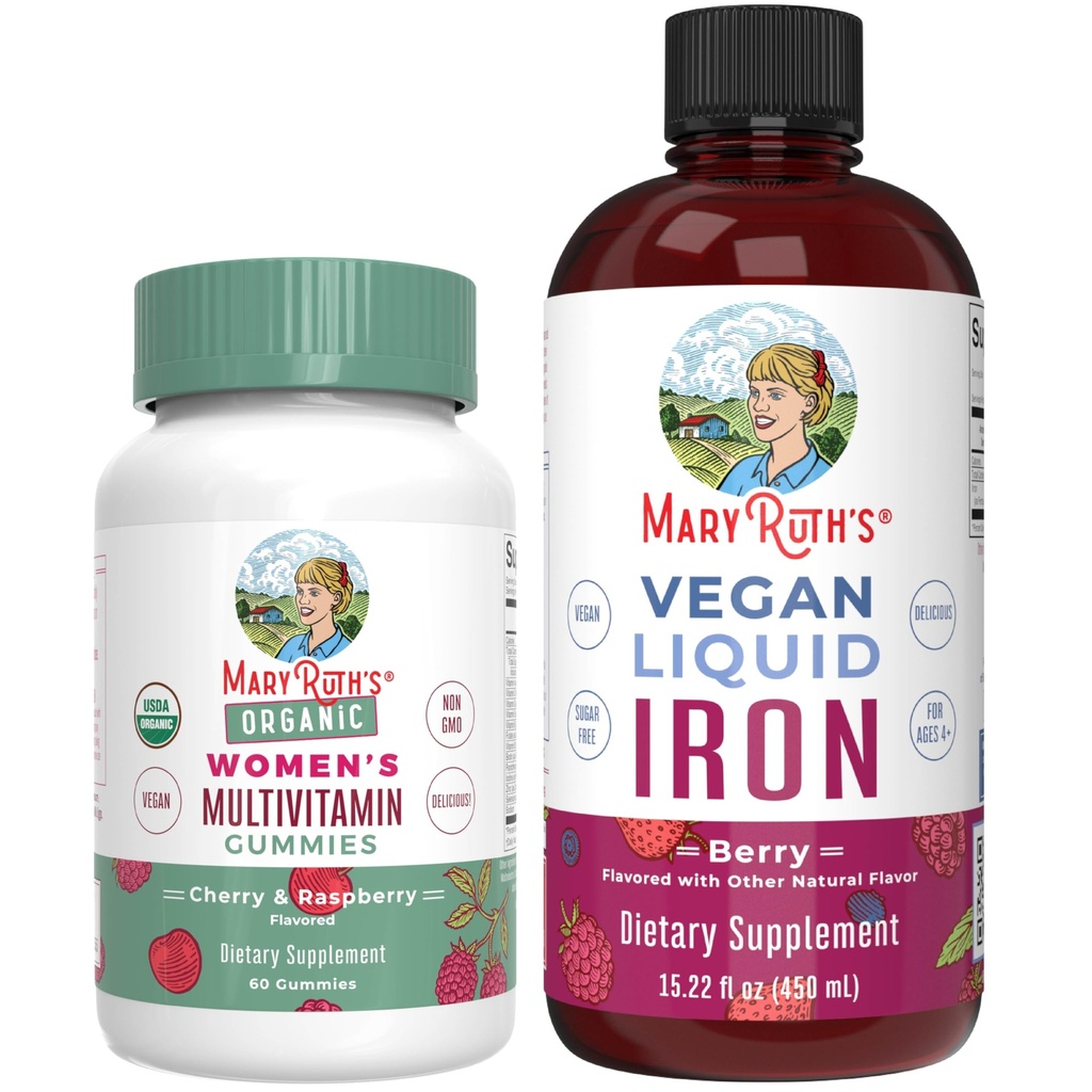 MaryRuth's Multivitamin Gummies for Women (Cherry & Raspberry) & Iron Liquid Supplement (Berry)-Clean Label Project Verified®-USDA Organic, Vegan, Non-GMO-Beauté, immunité et santé globale