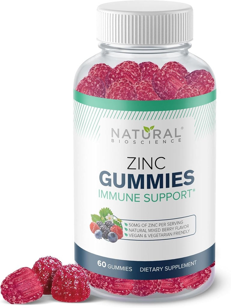 Gommies de zinc 50mg - Soutien immunitaire à haute puissance, santé de la peau, antioxydant, supplément d'immunité quotidienne pour les adultes, végétalien, sans gluten, non-OGM, citrate de zinc à croquer, 60 Gommies