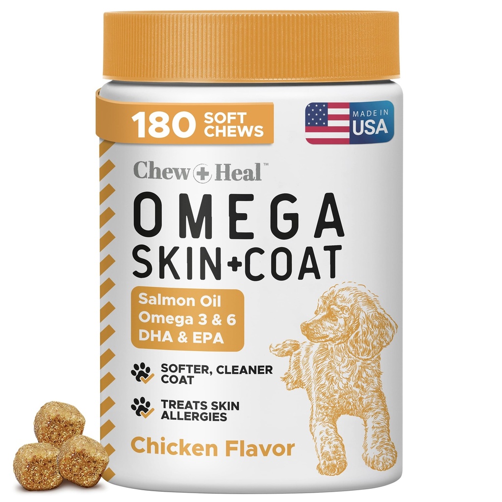 Huile de saumon pour chiens - 180 Soft Chew Omega Treats pour la peau et le manteau - Mélange d'huile de poisson d'acides gras essentiels, Omega 3 et 6, vitamines, antioxydants et minéraux - Fabriqué aux États-Unis