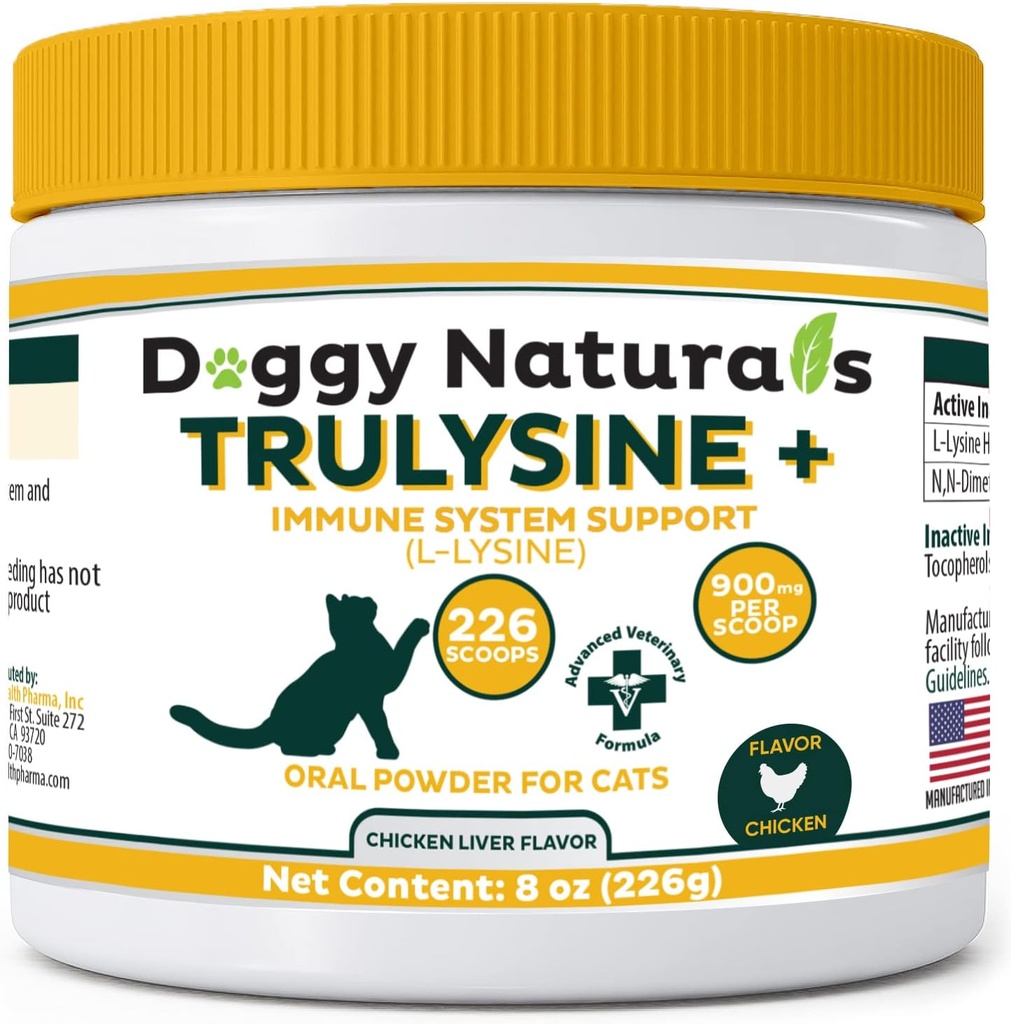 Trulysine Plus L-Lysine pour chats Imune Support Oral Poudre 8oz/226g - Chats et chatons de tout âge, éternuement, Runny Nez Rquinting, yeux aqueux Poulet Foie (U.S.A) (226 Grams (900mg / Scoop))