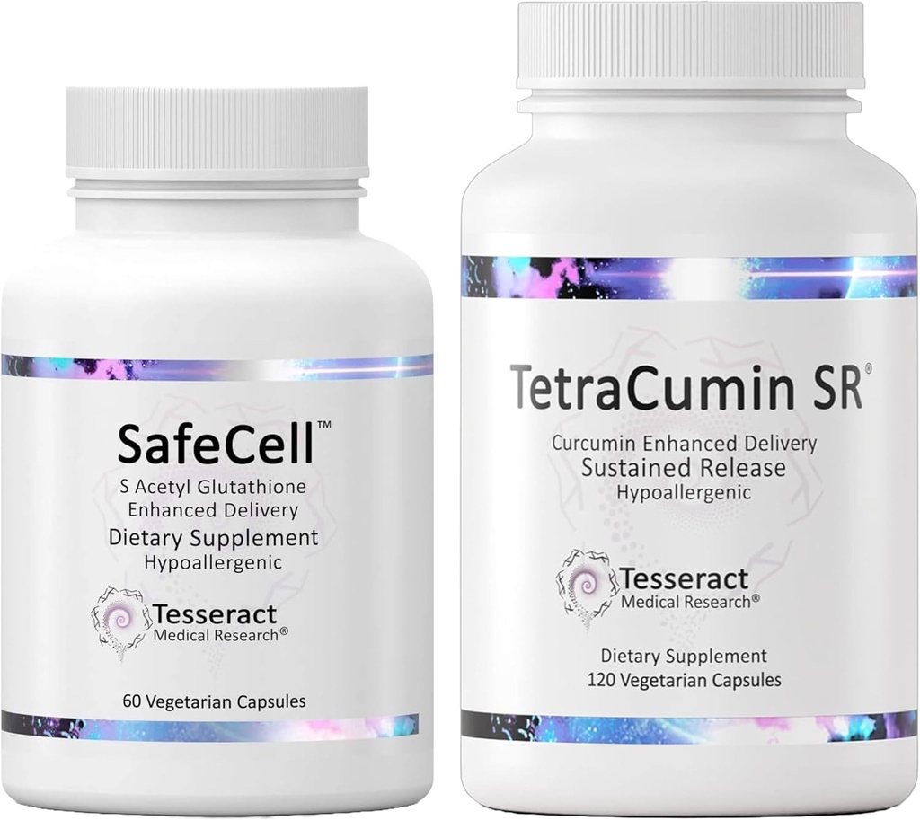 SafeCell S-acétyl glutathion Supplement pour le soutien à la santé des neurones et TetraCumin SR Supplément de soutien conjoint, Métabolite curcumine curcumine à libération prolongée