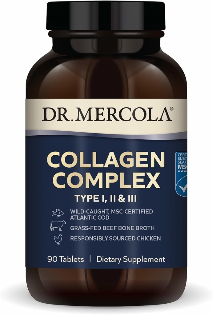 Dr. Mercola Collagen Complex - Supports Skin & Connective Tissue - Types I, II & III Collagen - Non-GMO, Gluten-Free & Soy-Free - 90 Tablets (30 Servings)