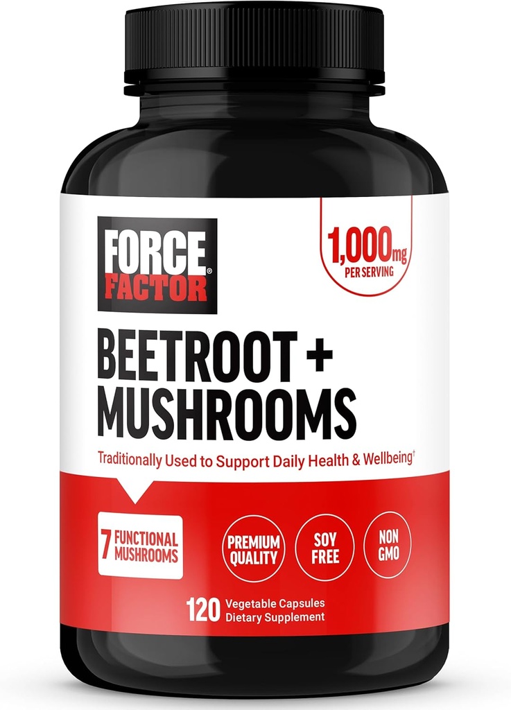FACTEUR DE FORCE Beetroot + Supplément de champignons pour une bonne santé, Capsules de racines de betterave avec 7 champignons fonctionnels, Lion, Manille, Cordyceps, et plus, Sans soja, Non-OGM, 120 Capsules