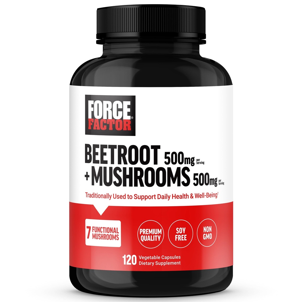 Force Factor Beetroot + Mushrooms Supplement for Great Health, Beet Root Capsules with 7 Functional Mushrooms, Lion’s Mane, Cordyceps, & More, Soy Free, Non-GMO, 120 Capsules