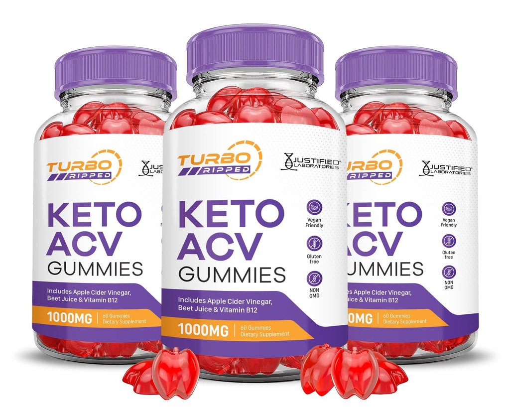 (3 Pack) Turbo Ripped Keto ACV Gummies Formule avancée 1000MG Turbo Ripped Keto Gummies vinaigre de cidre de pomme formulé avec jus de betterave grenade poudre B12 Vegan non OGM 180 Gummys