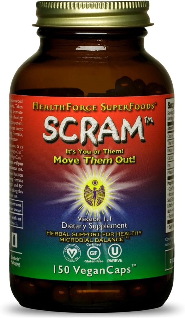 HealthForce Superfoods Scram - Supplément à base de plantes avec le chardon de lait, le wormwood et le noyer noir - Capsules de soutien à la digestion - 150 Capsules Vegan