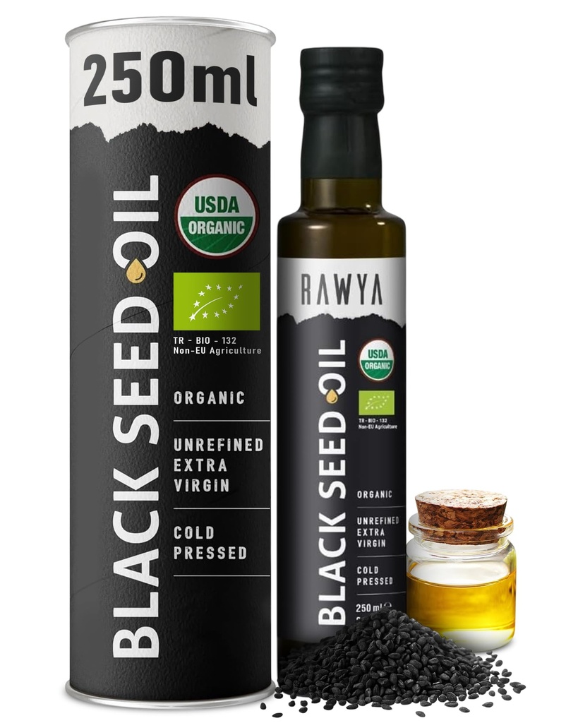 Huile de graines noires RAWYA - Certifié biologique USDA - pressé à froid - 8,4 Fl oz - Extra Virgin - Graine de cumin noire turque - Premium Nigella Sativa avec thymoquinone - Kalonji - Non-OGM, sans gluten - Suppléments nutritionnels - Extra fort goût