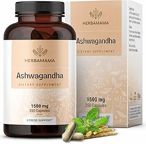 HerbAMAMA Capsules Ashwagandha - 1500mg Racine pure Ashwagandha pour la relaxation et le soutien de l'humeur - Vegan, Non-OGM Focus & Calmant Supplément pour adultes, 250 capsules