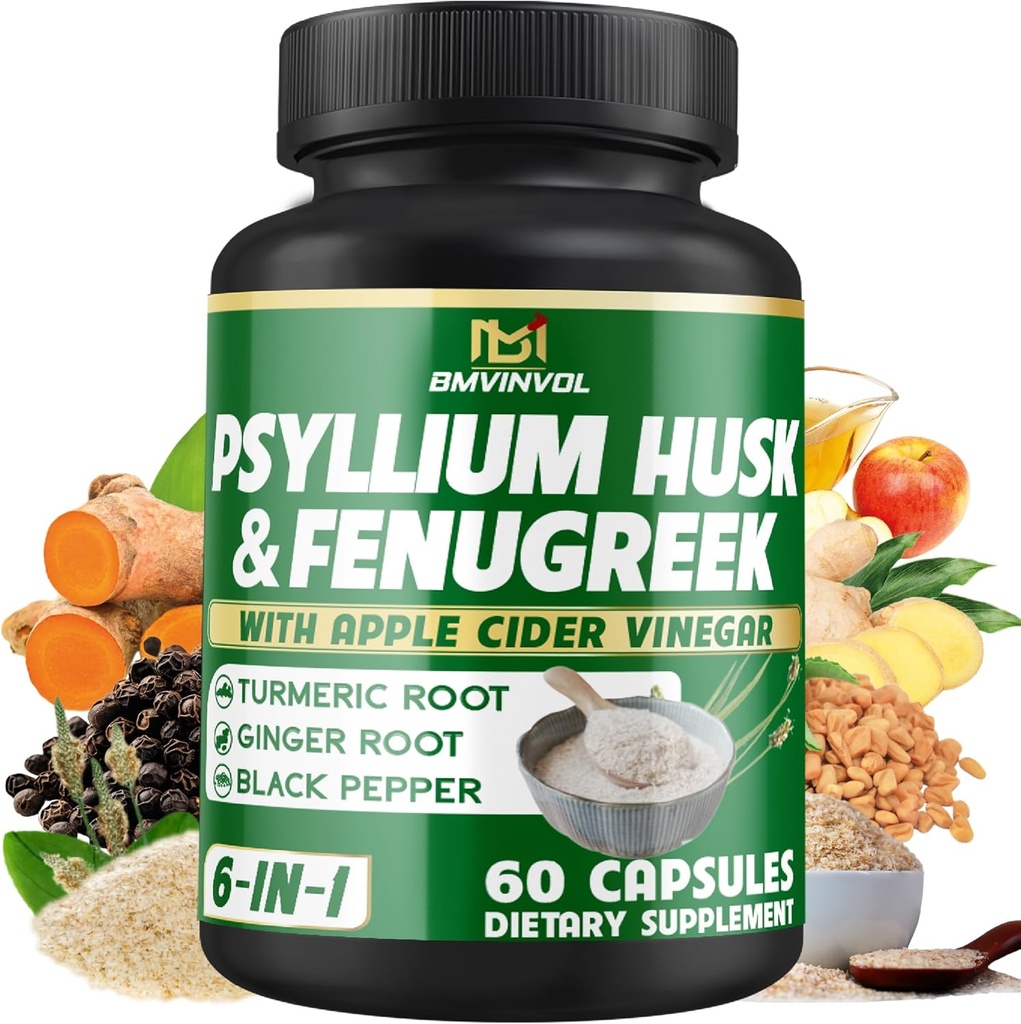BMVINVOL Psyllium Housse Fibre Supplément t avec Fenugreek, vinaigre de cidre de pomme, curcuma, gingembre, noir Pepper- Digestion Support de santé - 60 Capsules
