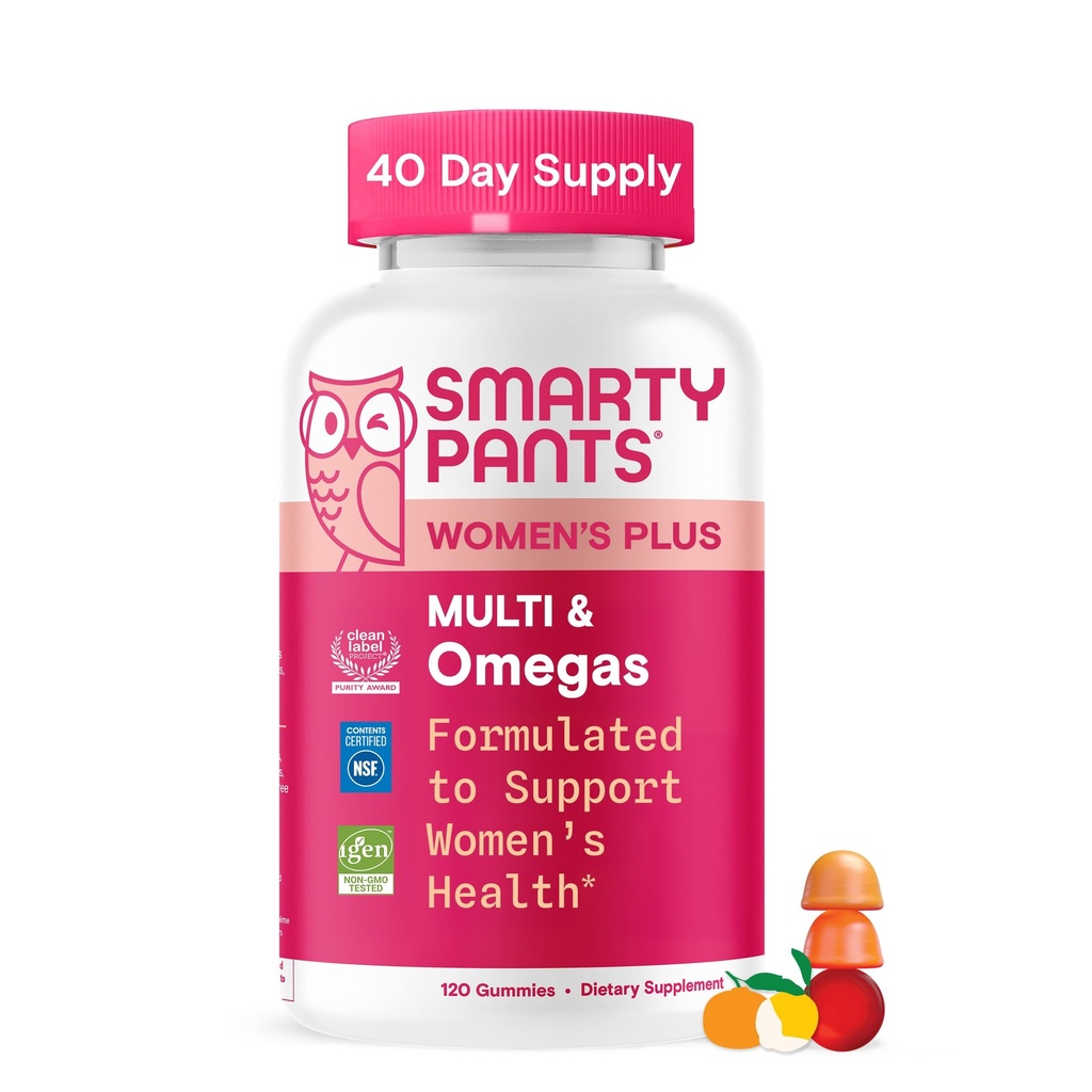 SmartyPants Women's Multivitamin Gummies, Omega 3 (DHA/EPA), Methylfolate, CoQ10, Vitamin D3, C, Vitamin B12, B6, A, K & Zinc, Inositol, Gluten Free, 120 Count (40 Day Supply)