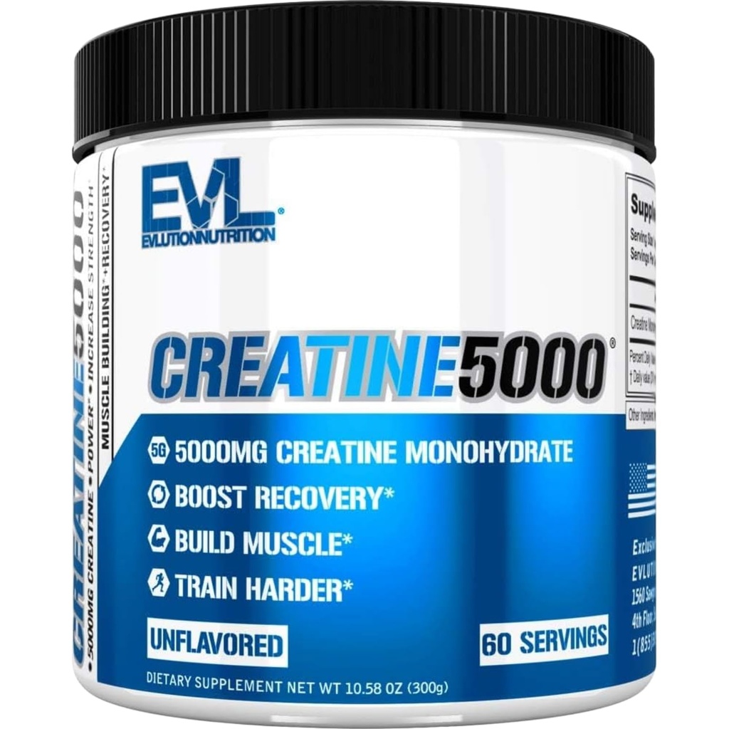 Evlution Nutrition Créatine 5000 - Soutient la récupération plus rapide, la croissance musculaire maigre et la performance - Poudre avant et après l'entraînement - 5000mg pure créatine monohydratée par portion - 60 portions - Sans saveur