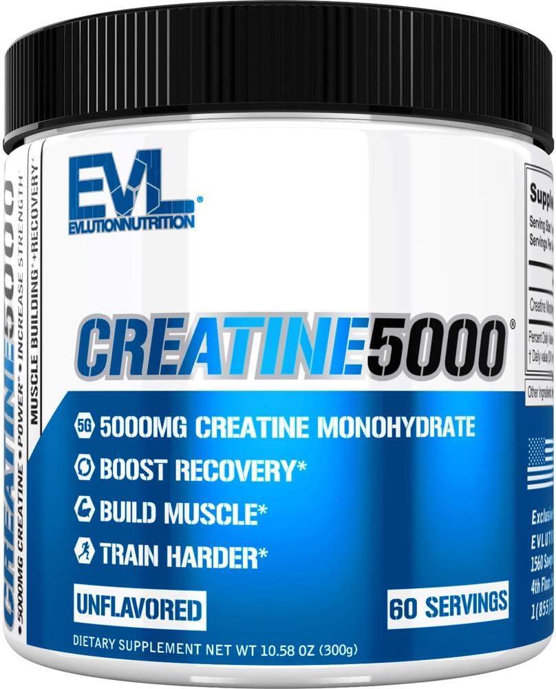 Evlution Nutrition Créatine 5000 - Soutient la récupération plus rapide, la croissance musculaire maigre et la performance - Poudre avant et après l'entraînement - 5000mg pure créatine monohydratée par portion - 60 portions - Sans saveur