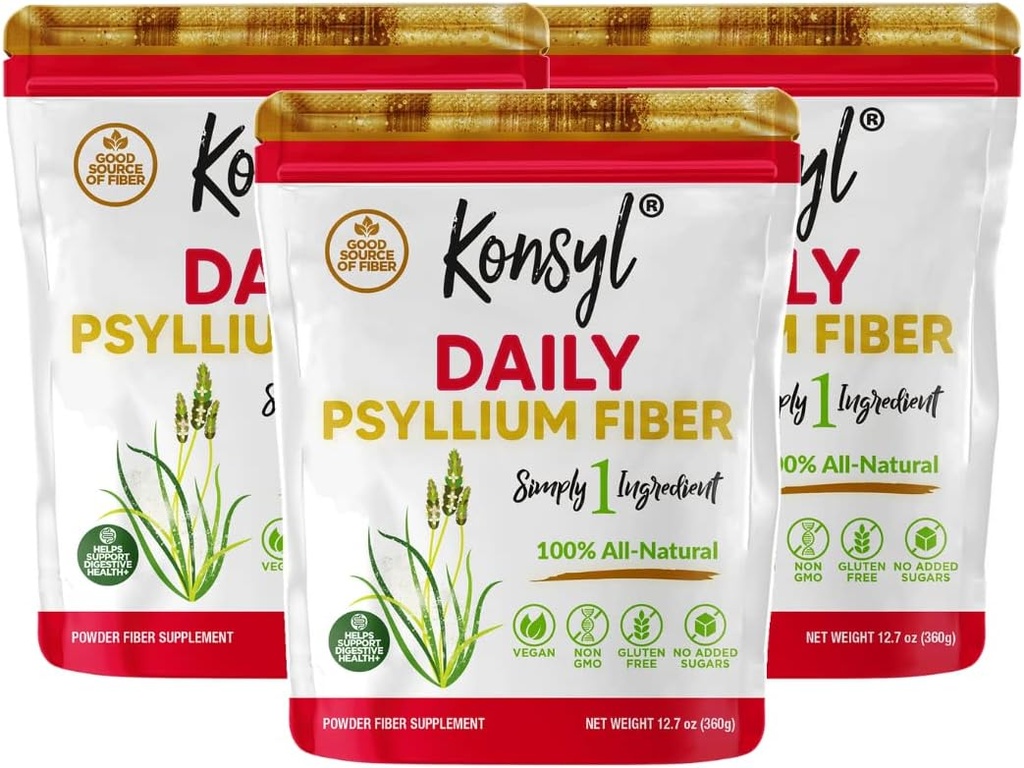 Konsyl Daily Psyllium Fibre, 3 Pack, 360g Sac Gusset, Sans gluten, Non OGM, Keto Friendly, Non aromatisé, facile à mélanger
