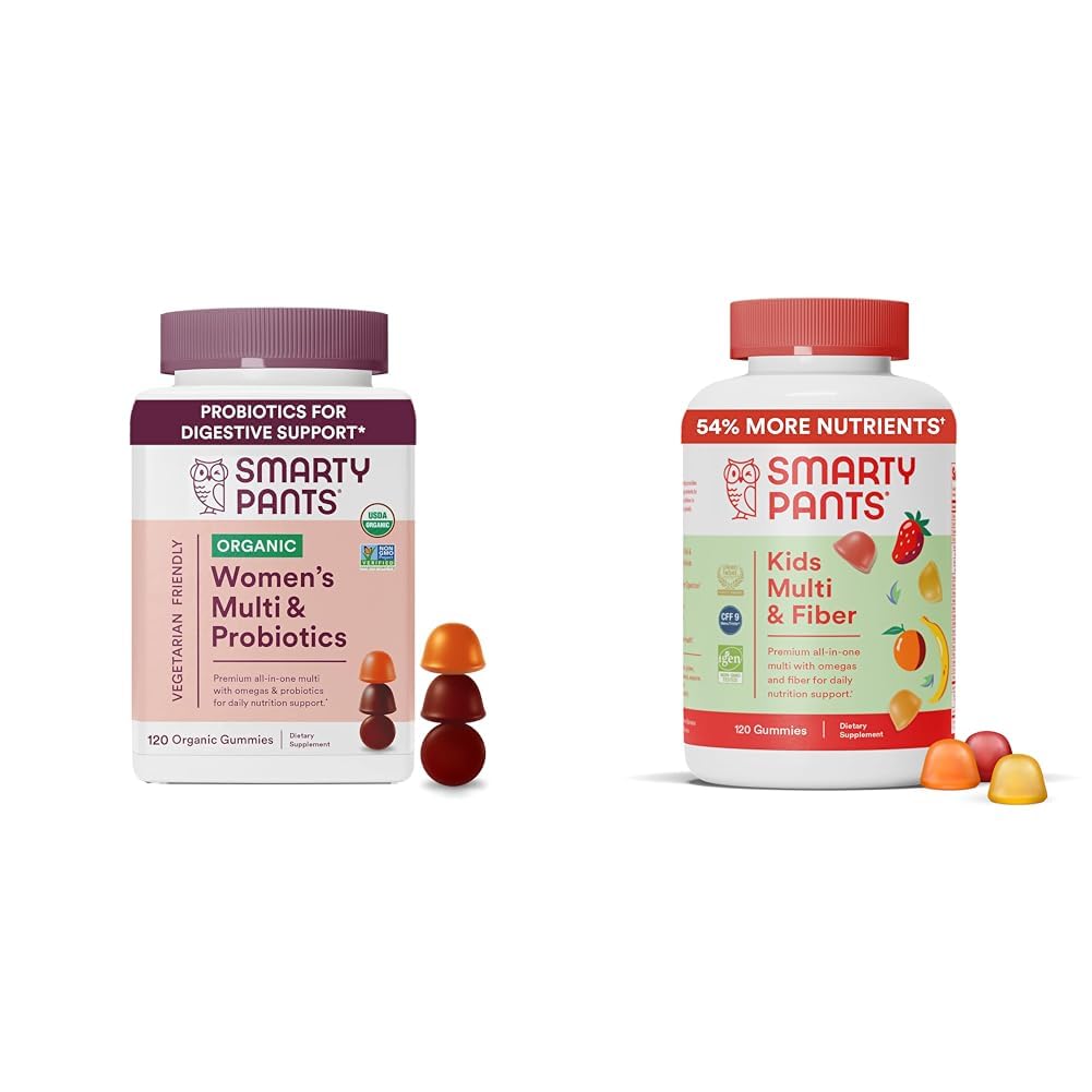 SmartyPants Gommies multivitamines organiques pour femmes et enfants Gommies multivitamines avec huile de poisson Omega 3, vitamine D3, méthylfolate, probiotiques et fibre, 120 Compte