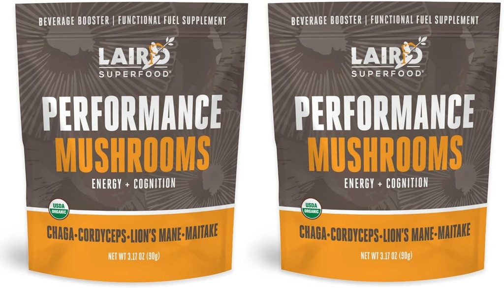 Laird Superfood Bio Performance Mushroom Blend avec Chaga, Cordyceps, Lion's Mane et Maitake for Energy and Cognition, 3,17 oz. Sac, boîte de 2