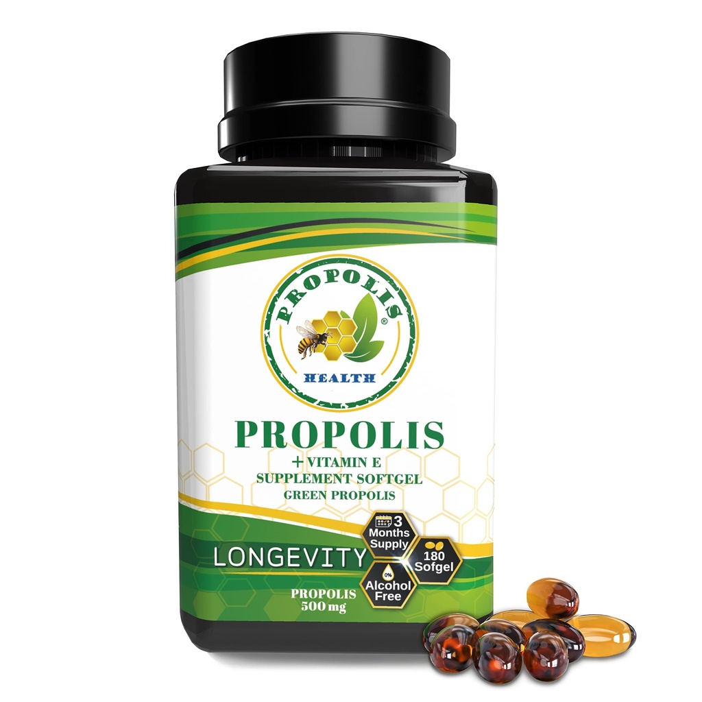 Propolis Health Propolis Capsules 1000mg-Daily avec de la vitamine E Par dose - Extrait de propolis verte brésilienne - Immune Booster 50 jours d'approvisionnement propolis (180 capsules)