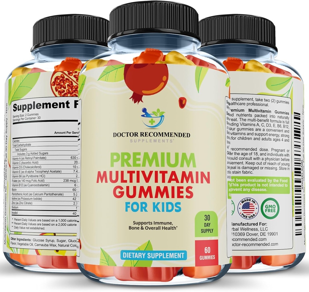 Gommies multivitamines de qualité supérieure pour les tout-petits et les enfants - Vitamines quotidiennes essentielles à la consommation A, C, D3, E, B6, B12, Biotine - Pas d'édulcorants à haute teneur en fructose-carné ou artificiels - 60 Gommies, 30 jours d'approvisionnement