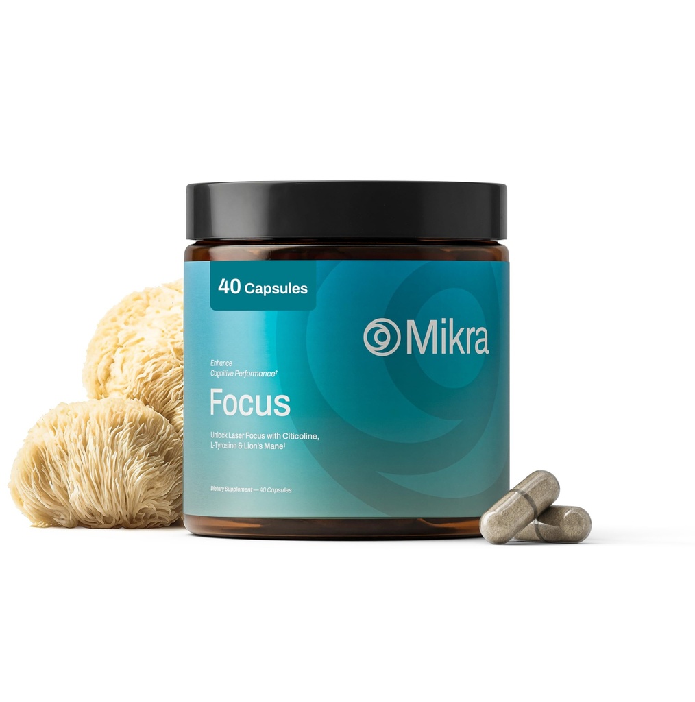 Mikra Cognitive Enhancer - Nootropic Brain Support Supplement with Citicoline, Lion’s Mane & L-Tyrosine - Cognitive & Memory Support Formula for Mental Clarity, Focus & Brain Health - 40 Capsules