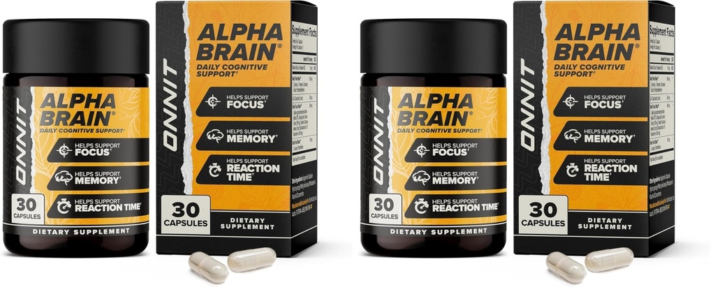 ONNIT Alpha Cerveau Nootropic Cerveau Supplément pour hommes et femmes, IGEN non-OGM testé, mémoire, clarté mentale, soutien cognitif et capsules de focus avec L-Theanine et vitamine B6, 30 Compte (paquet de 2)