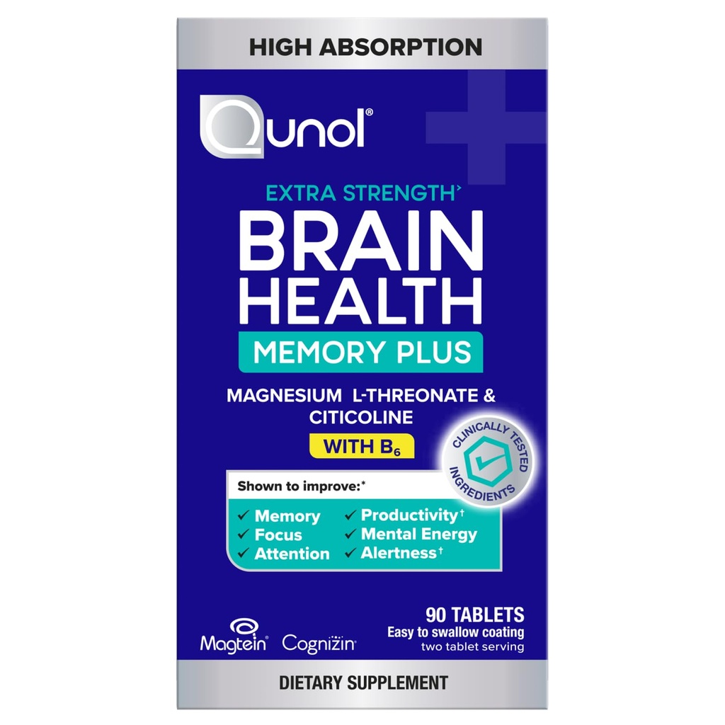 Qunol Brain Health Memory Plus w/Magtein, Cognizin & Vitamin B6, 90ct