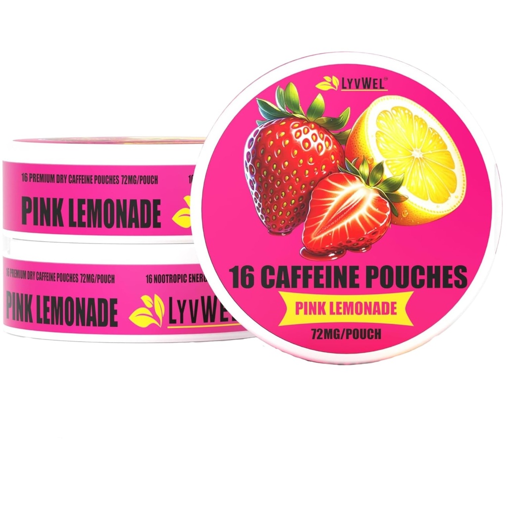 LyvWel 72mg Pouches d'énergie caféine (en anglais seulement) Focus Nootropic & Neuro Support (en anglais seulement) 3-Pack with 16 Pouches per Can (en anglais seulement) Solution d'énergie rapide sans tabac, sans nicotine (3 Pack, limonade rose)